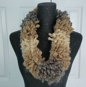 Hand crafted neutral toned tan brown and grey infinity scarf